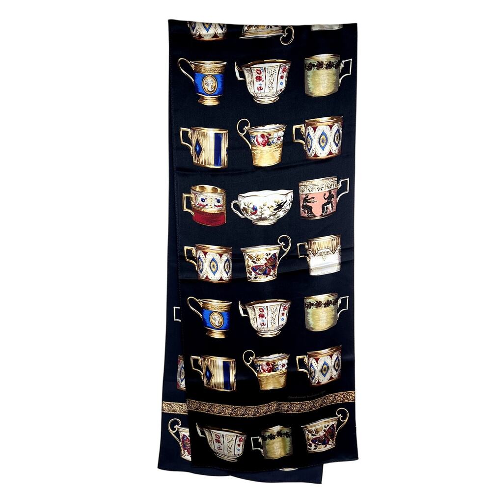 Smithsonian Institution 1999 Vintage Silk Scarf Long Rectangle Teacup Print